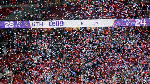 Confetti falls after the last second ticked off the clock.