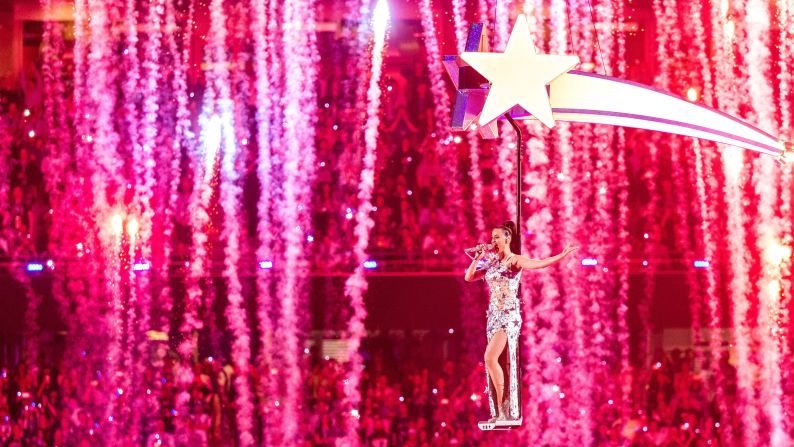 Singer Katy Perry is carried above the stage as she performs "Firework," the last song of the Super Bowl XLIX halftime show on Sunday, February 1.