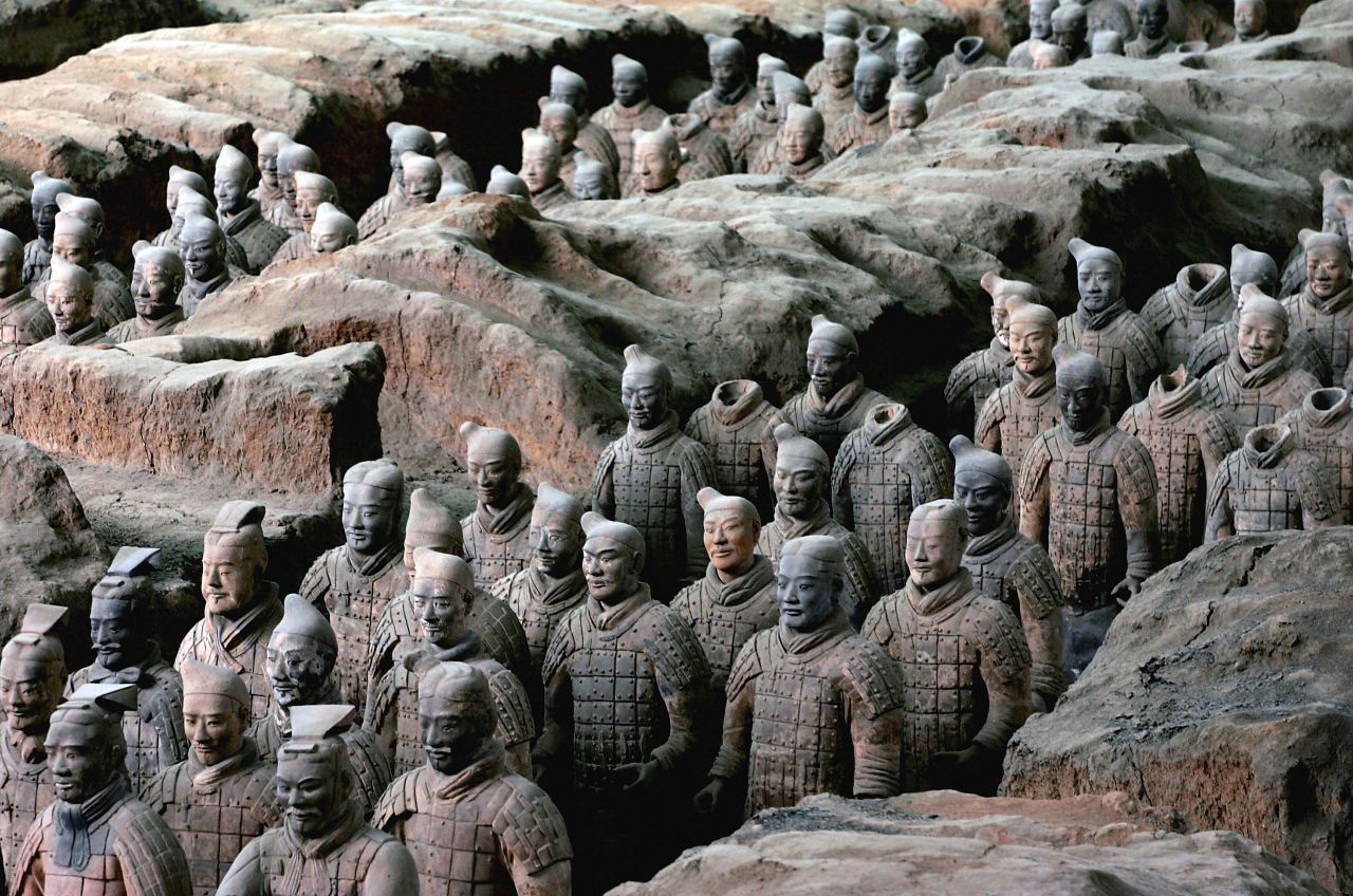 Emperor Qin was buried in his mausoleum with 8,000 terracotta soldiers. Incredibly, only 10% of the 20-square-mile necropolis has been excavated.