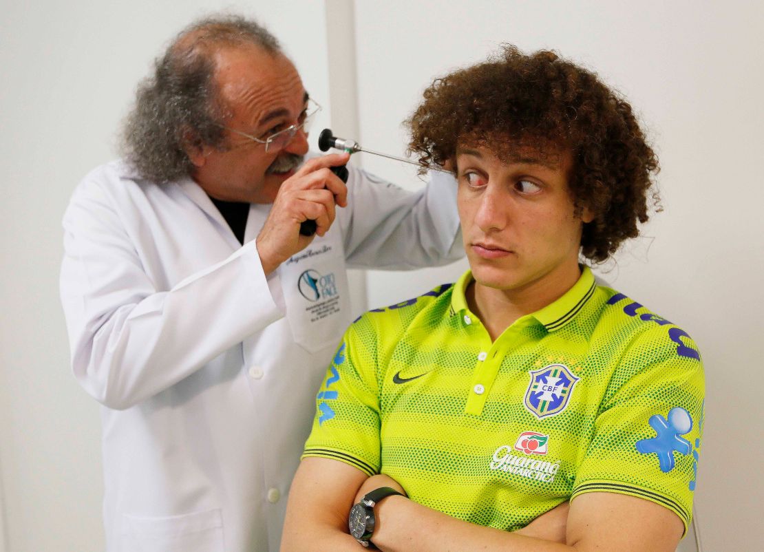 Brazil and Paris Saint Germain defender, David Luiz, is put through is paces by doctors.