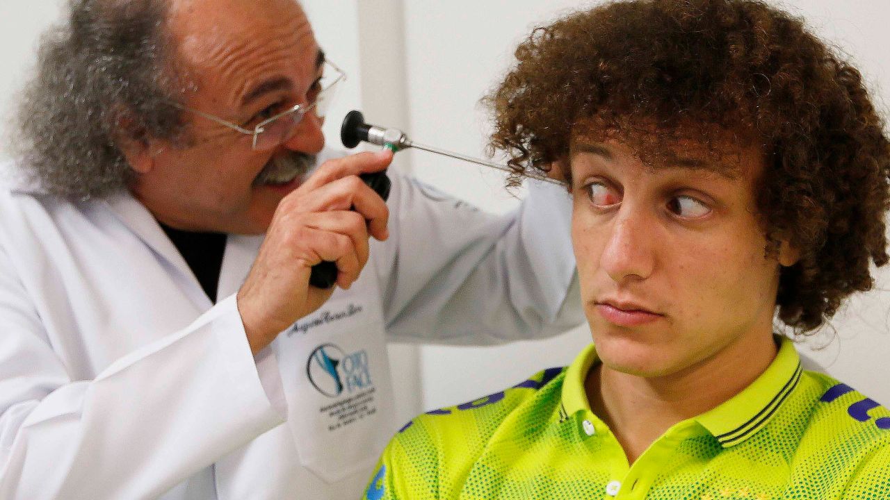 Brazil and Paris Saint Germain defender, David Luiz, is put through is paces by doctors.
