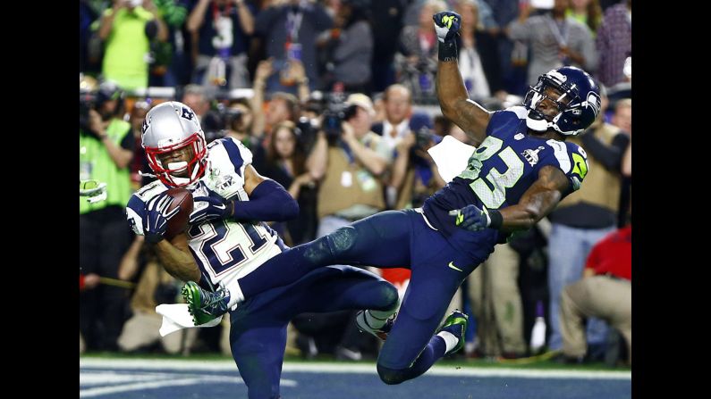 New England rookie Malcolm Butler makes a goal-line interception during Super Bowl XLIX on Sunday, February 1. The play clinched the Patriots' victory in the last minute of the game.