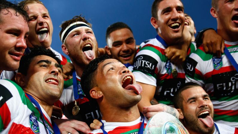 The South Sydney Rabbitohs celebrate on Sunday, February 1, after they defeated the Cronulla-Sutherland Sharks to win the Auckland Nines rugby tournament in Auckland, New Zealand.