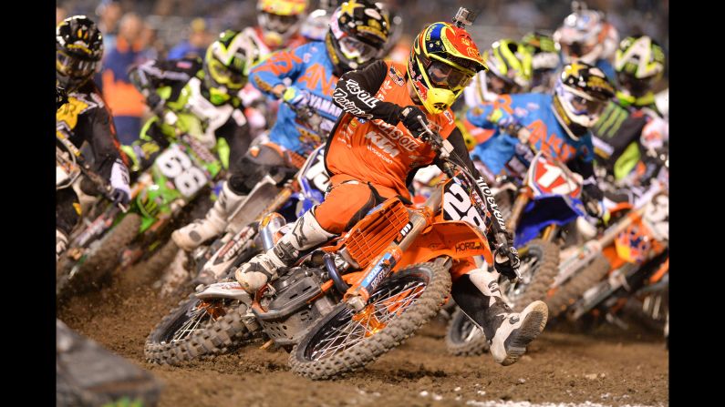 Motocross rider Jessy Nelson leads the pack after a restart Saturday, January 31, in Anaheim, California.