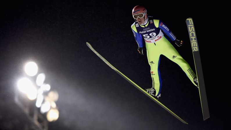 German ski jumper Severin Freund soars through the air during the World Cup event that he won in Willingen, Germany, on Friday, January 30. 