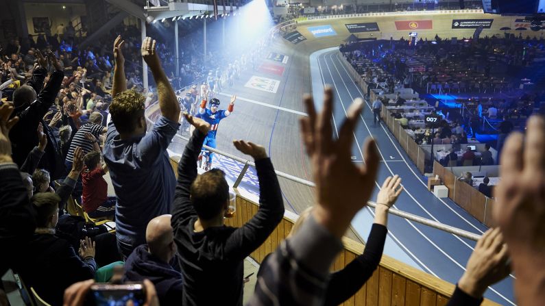 American cyclist Daniel Holloway, dressed as Captain America, leads the sprint during a cycling event in Copenhagen, Denmark, on Sunday, February 1.