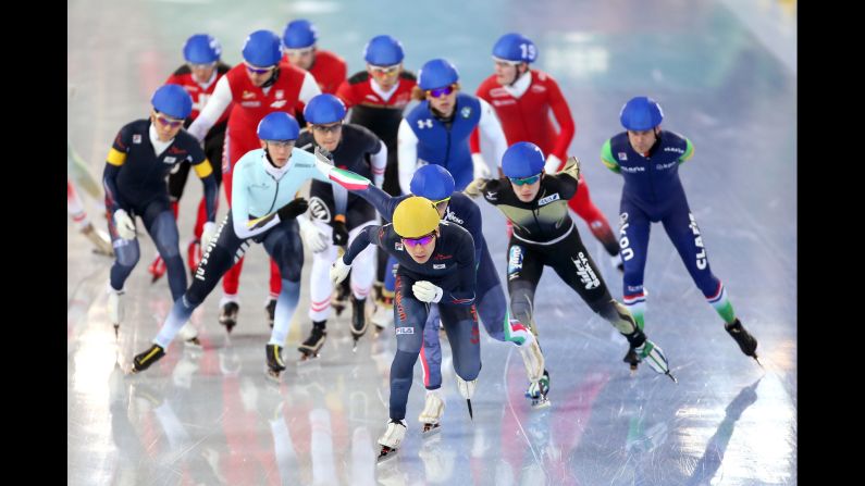 South Korean speedskater Lee Seung-hoon takes the lead during a World Cup race in Hamar, Norway, on Sunday, February 1.