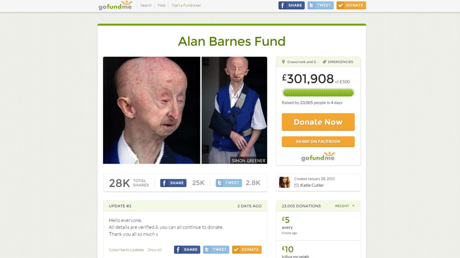 A screenshot of the GoFundMe fundraising page for Alan Barnes, created by beautician Katie Cutler.