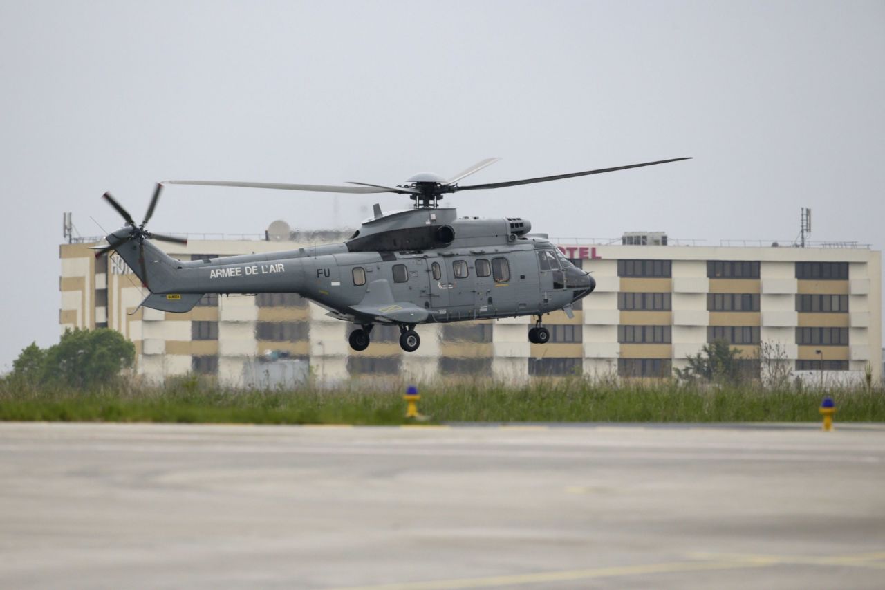 A helicopter carrying François and his colleagues arrives at Villacoublay air base, just outside Paris, on April 20, 2014.