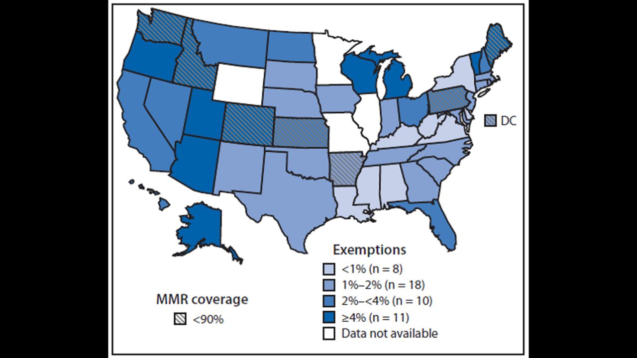 This CDC map shows the percentage of children enrolled in kindergarten who have been exempted from receiving one or more vaccines, and those states in which less than 90% of children have had two doses of measles, mumps, and rubella (MMR) vaccine.