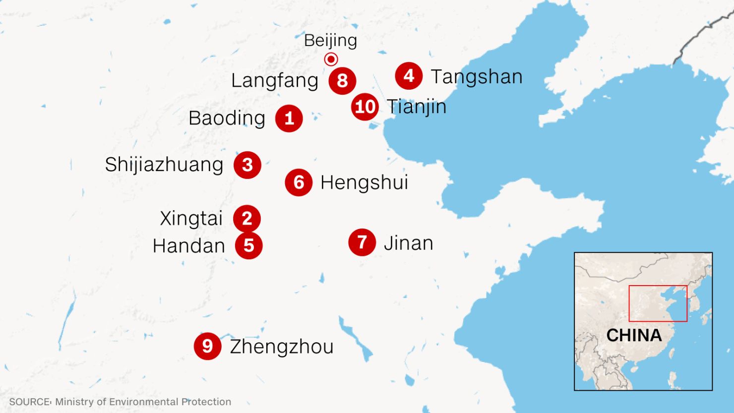 The 10 Chinese cities with the worst air pollution.