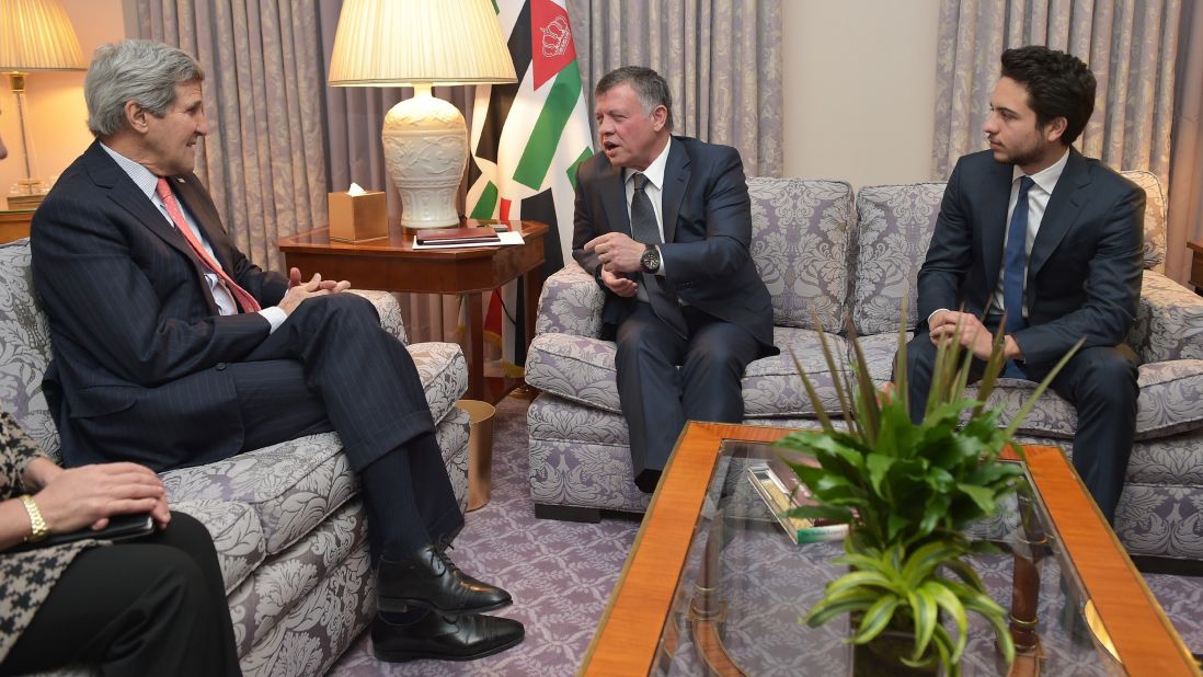 U.S. Secretary of State John Kerry, left, meets with Jordan's King Abdullah II, center, and Crown Prince Hussein on February 3 in Washington. Kerry described al-Kasasbeh as everything he says ISIS is not: "He was brave, compassionate and principled. That he was murdered after his father's plea for compassion reminds all the world that this foe has no agenda other than to kill and destroy and places no value on life, including that of fellow Muslims."