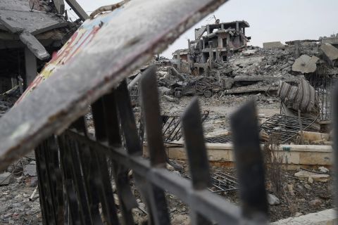 Destruction in the center of Kobani on January 30. The city sits on the border with Turkey.