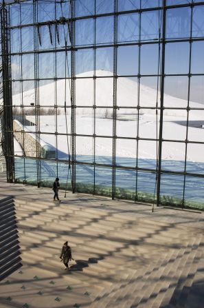 The glass pyramid uses winter snow to cool it during the summer months. 