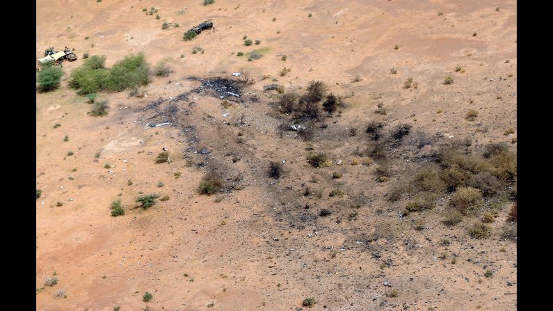 The crash site of Air Algerie Flight AH 5017 in Mali is visible from above on July 26, 2014. <a href="index.php?page=&url=http%3A%2F%2Fwww.cnn.com%2F2014%2F07%2F25%2Fworld%2Fafrica%2Fair-algerie-crash%2F">After the crash, French President François Hollande</a> said the jet was found in a "disintegrated state." He said there were no survivors.