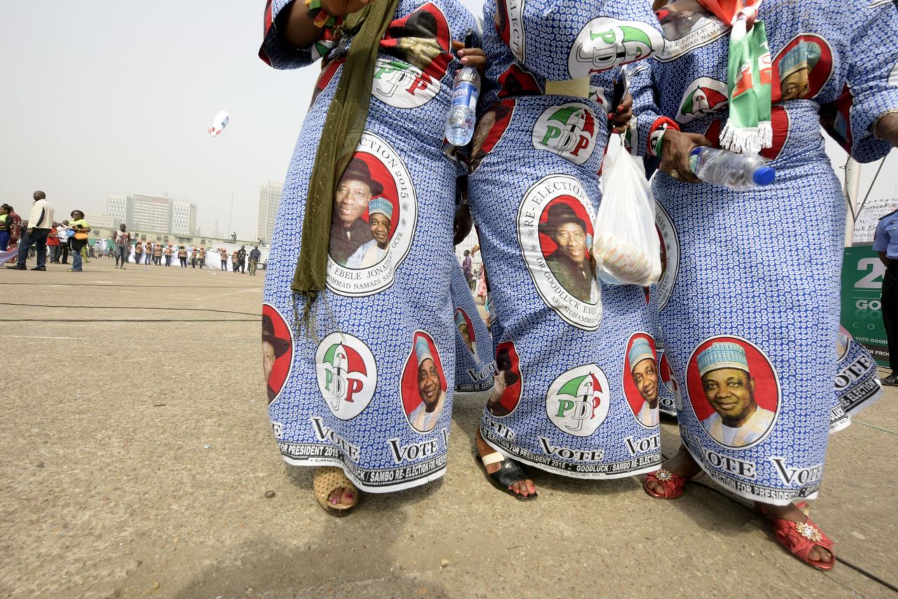 Female supporters of President Goodluck Jonathan and the People's Democratic Party (PDP) march at a rally in Lagos on January 8.