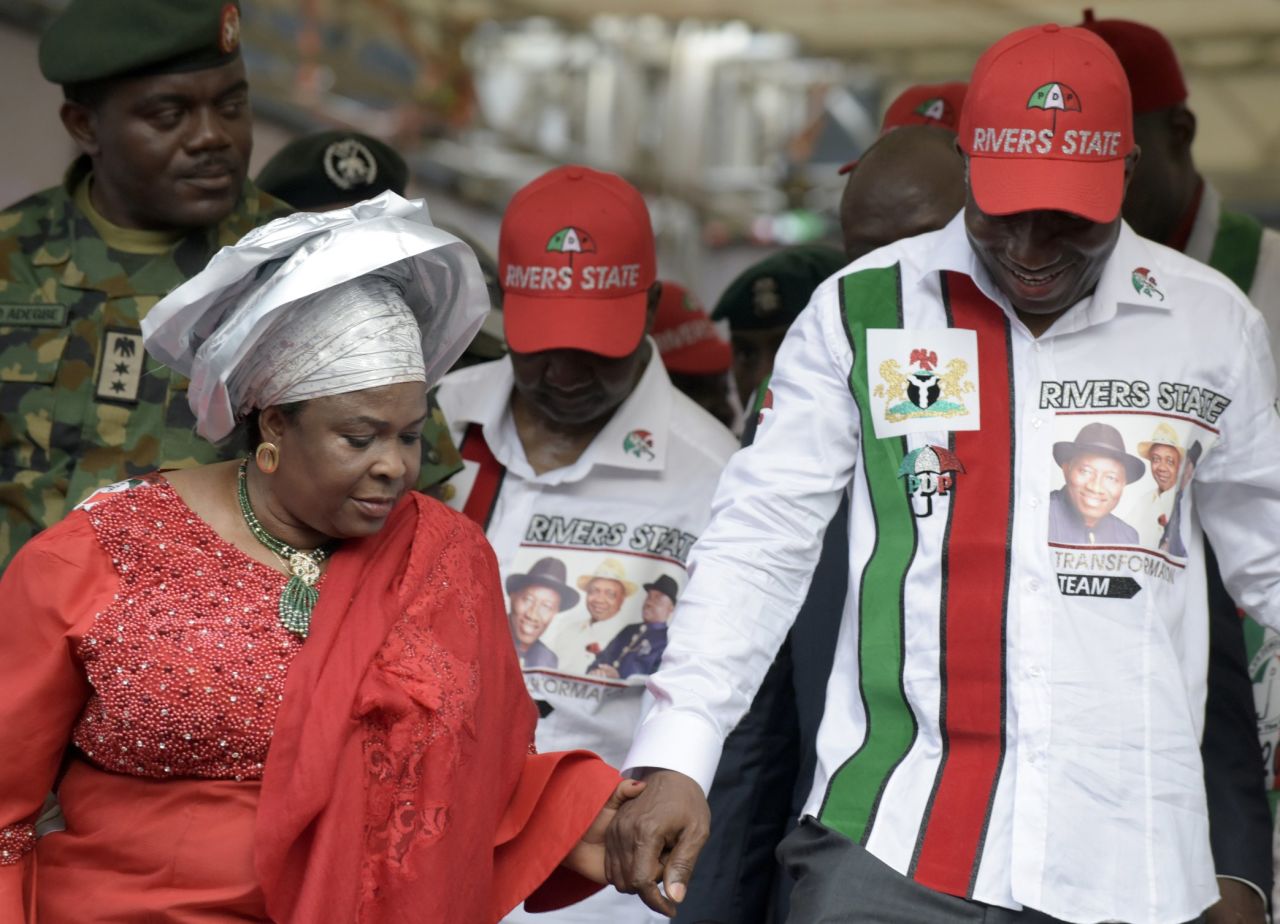 Incumbent President Goodluck Jonathan and his wife Patience arrive at a party rally in Port Harcourt in the oil-rich Niger Delta on January 28.<br /><br />