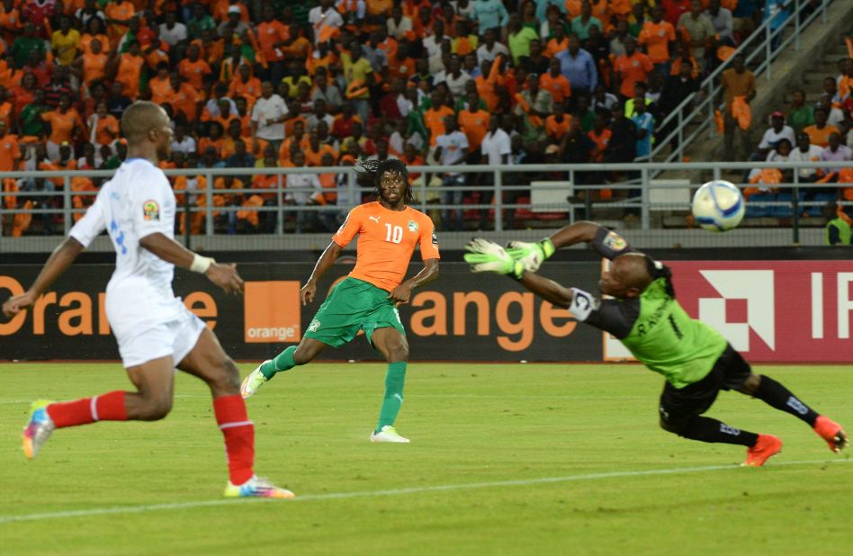 AS Roma midfielder Gervinho restored Ivory Coast's lead with a precise finish after DR Congo striker Dieumerci Mbokani had brought his side level from the penalty spot.