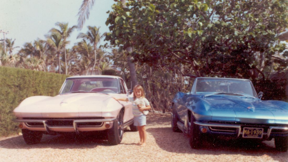 Harley and his wife, Sue Earl, owned his-and-her custom-made 'Vettes. Harley's granddaughter Alexandra poses with them at the Earls' home in Palm Beach, Florida. The Earls' had his-and-her GM cars since 1927, said Earl's grandson, Richard Earl.