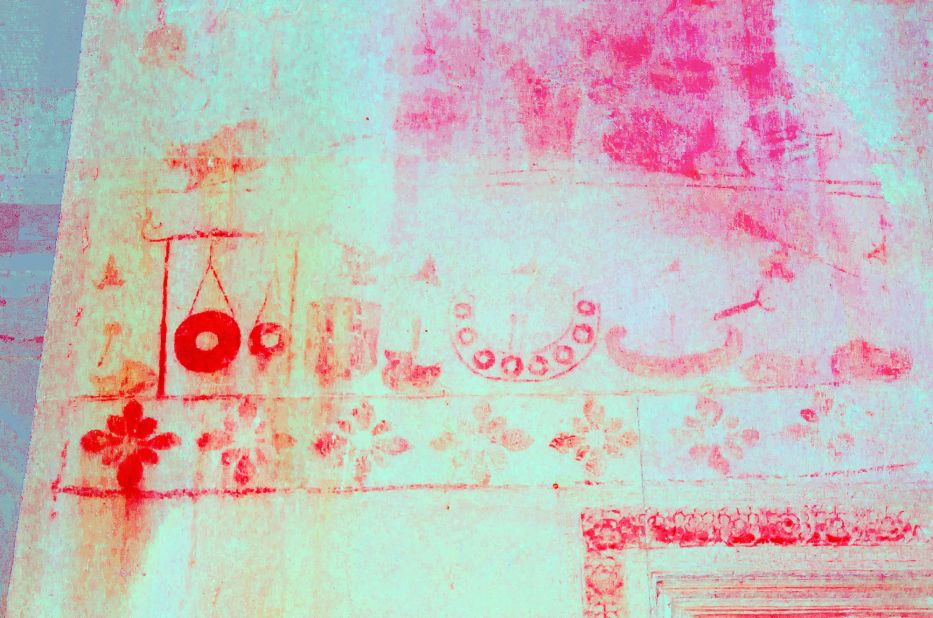 Noel Hidalgo Tan discovered these paintings of deities, animals and musical instruments on the walls of Cambodia's Angkor Wat in 2010. This photo shows the image after it was processed with software that helps to distinguish between similar color shades. Researchers said they've known about the paintings for some time, but the software allowed them to really get a good look at the detail in them. 