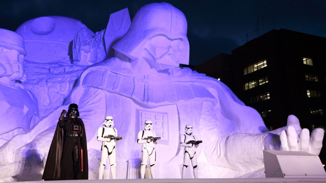 Darth Vader leads a posse of stormtroopers with icy lightsaber in hand. Built by members of Japan's Self-Defense Forces, the 22.5-meter-wide sculpture took about a month to complete.