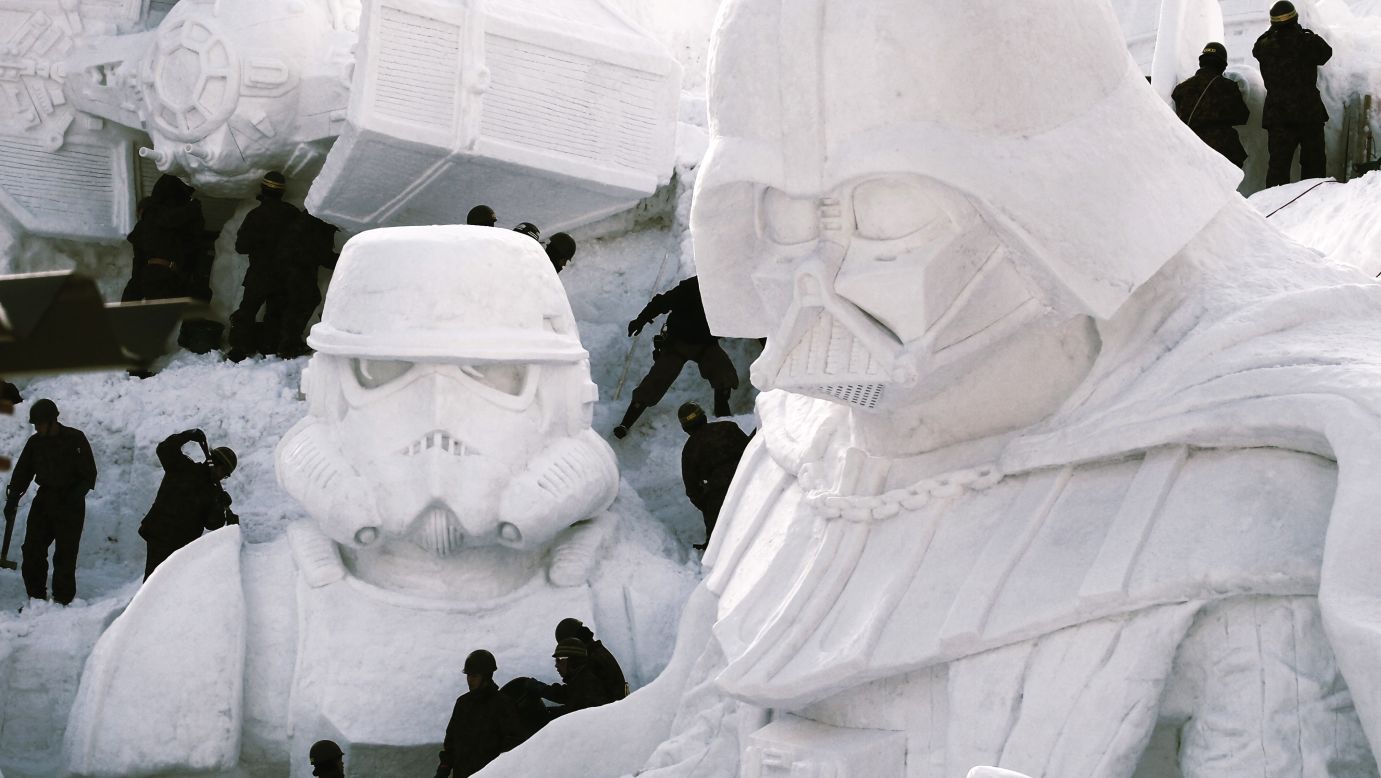Following the festival's traditions, more than 2,000 of the 11th Brigade of the Japan Ground Self-Defense Force built "Snow Star Wars" with a squad of bulldozers. The troops put in final details two days before the festival opening.