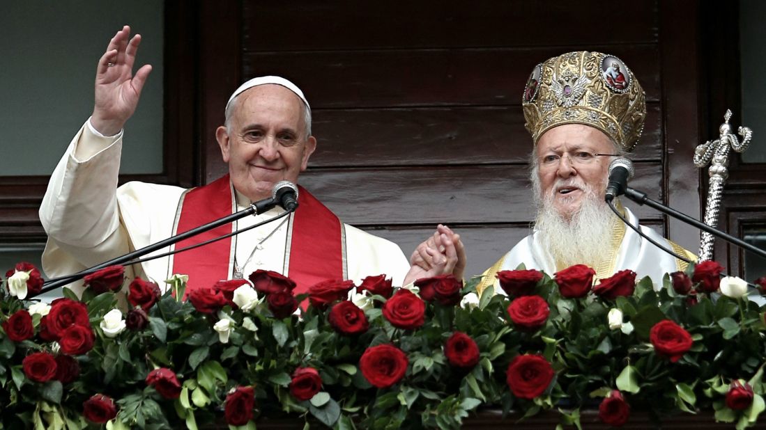 Pope Francis and Ecumenical Patriarch Bartholomew I address the faithful in Istanbul on Sunday, November 30, 2014.