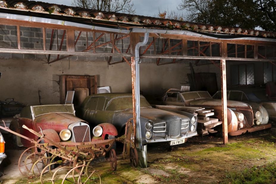 Left to right: An Abri 1, a Facel Vega Excellence and a Talbot Lago T26 cabriolet, which were all discovered in a makeshift shelter