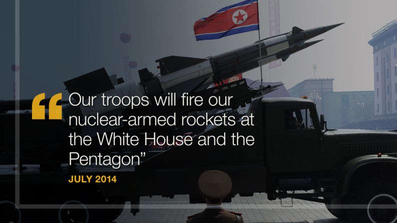 <strong>July 2014:</strong> North Korea threatens to hit the White House and Pentagon with nuclear weapons. American "imperialists threaten our sovereignty and survival," North Korean officials reportedly said after the country accused the U.S. of increasing hostilities on the border with South Korea. "Our troops will fire our nuclear-armed rockets at the White House and the Pentagon -- the sources of all evil," North Korean Gen. Hwang Pyong-So said, <a href="index.php?page=&url=http%3A%2F%2Fwww.telegraph.co.uk%2Fnews%2Fworldnews%2Fasia%2Fnorthkorea%2F10997161%2FNorth-Korea-threatens-nuclear-strike-on-White-House.html" target="_blank" target="_blank">according to The Telegraph.</a>