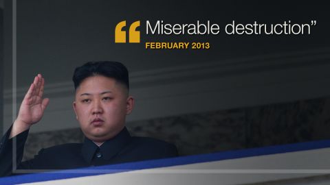 <strong>February 2013:</strong> In a message to the United States and South Korea, <a href="http://www.cnn.com/2013/02/23/world/asia/koreas-tension/" target="_blank">North Korea vowed</a> "miserable destruction" if "your side ignites a war of aggression by staging reckless joint military exercises."