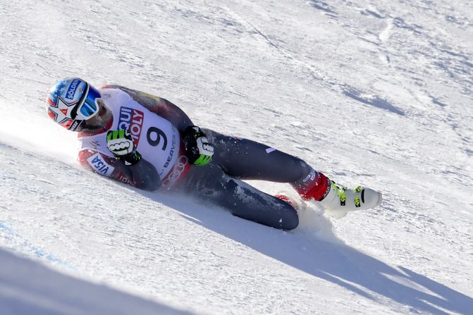Bode Miller had been setting the fastest run of the day before crashing and severing a hamstring tendon at the World Championships.