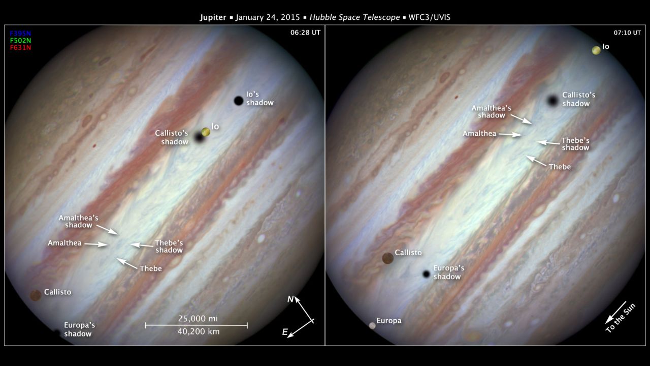 The Hubble Space Telescope captured images of Jupiter's three great moons -- Io, Callisto, and Europa -- passing by at once.