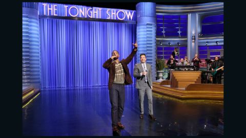 Actor Will Smith and host Jimmy Fallon rap on "The Tonight Show" on Thursday.
