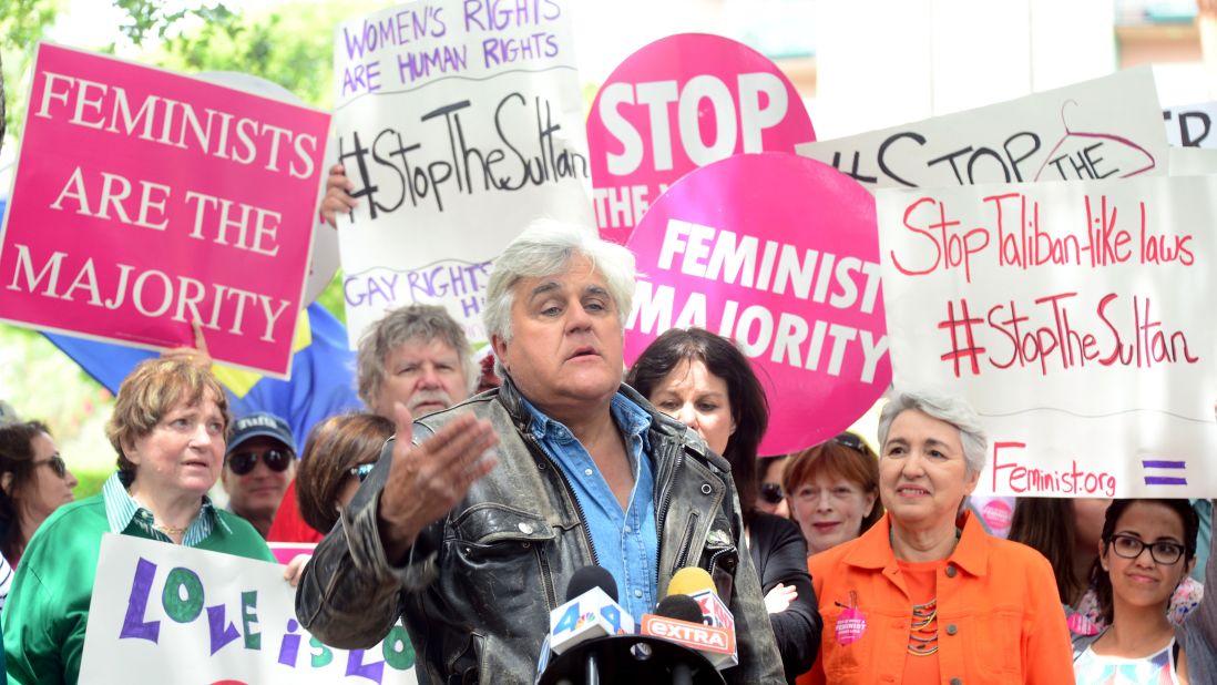 Jay Leno spoke at a gathering of women's rights and LGBT groups protesting across the street from the Beverly Hills Hotel in May.
