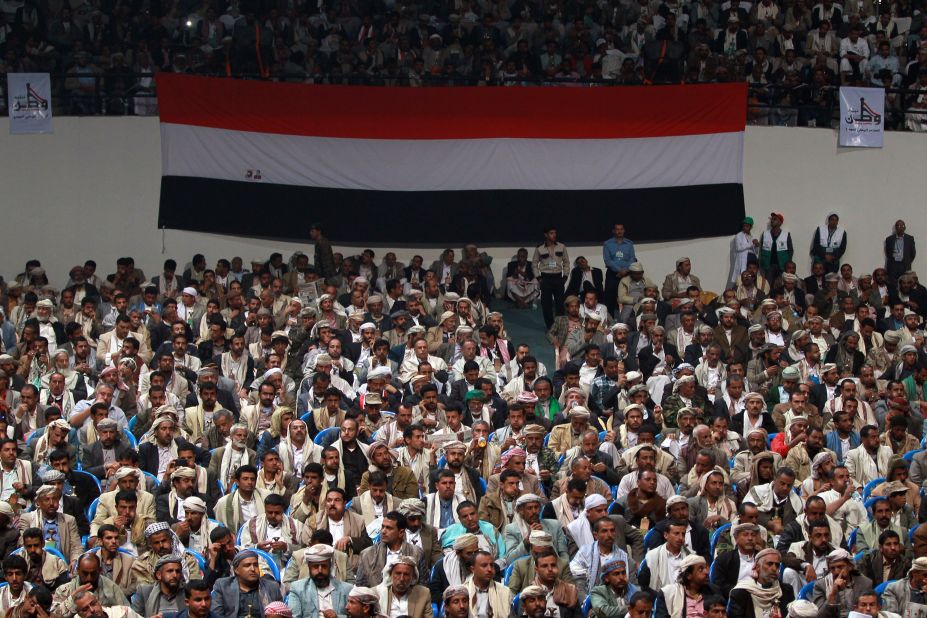 Members of the Houthi movement and their allies attend a meeting in the Yemeni capital on Sunday, February 1.