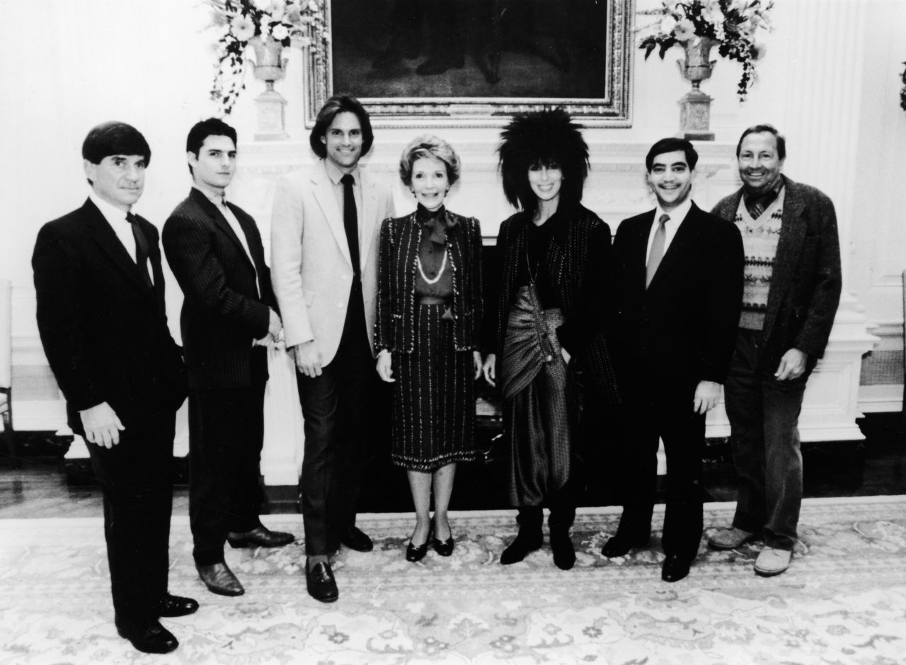 Jenner, who was diagnosed with dyslexia while growing up, joins first lady Nancy Reagan, other celebrities and recipients of the Outstanding Learning Disabled Achiever Award at the White House in 1985. From left to right are G. Chris Anderson, Tom Cruise, Jenner, Reagan, Cher, Richard C. Strauss and Robert Rauschenberg. 