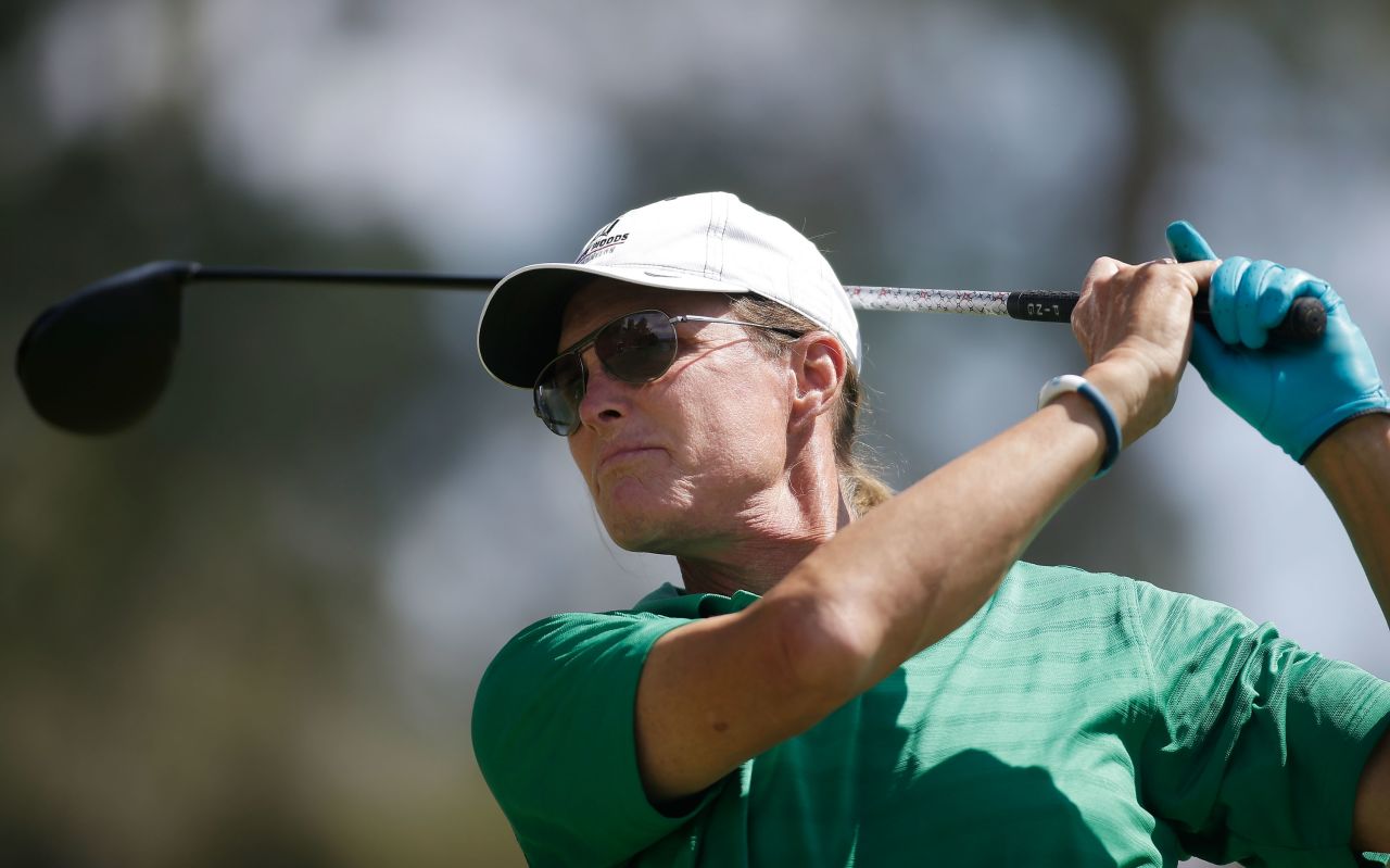 Jenner hits a tee shot at a celebrity golf tournament in North Las Vegas, Nevada, in 2014.