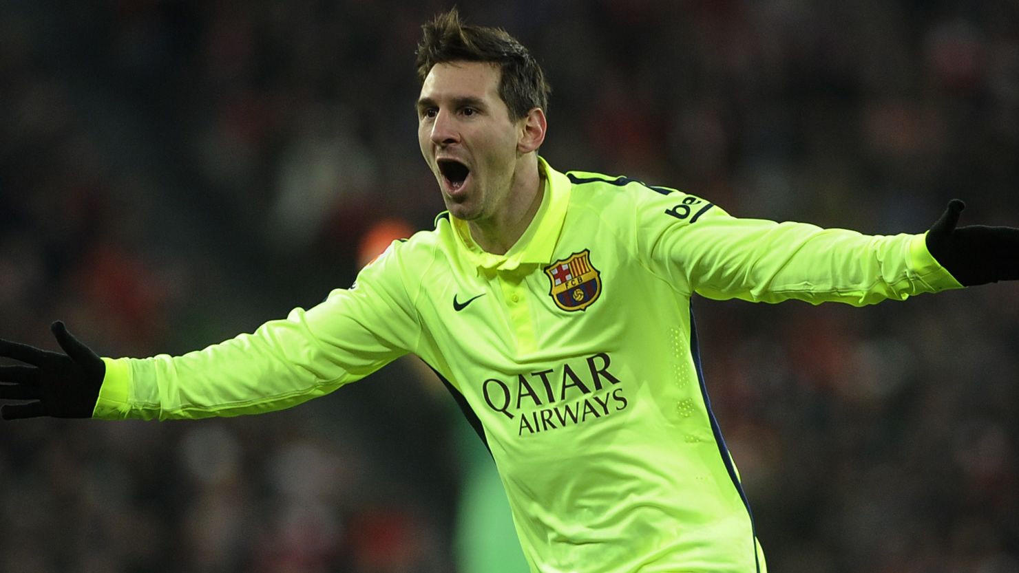 Lionel Messi celebrates his opening goal in Barcelona's win at Athletic Bilbao.