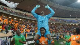 Ivory Coast hero Boubacar Barry is lifted on the shoulders of Wilfried Bony after his team's victory in the Africa Cup of Nations.