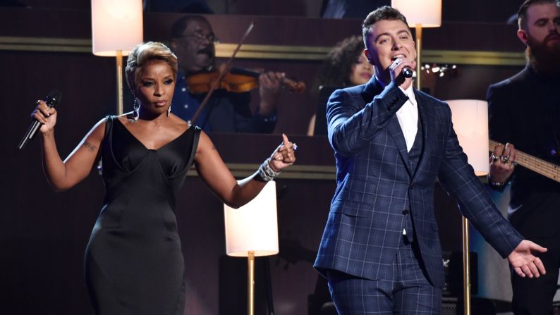 Mary J. Blige and Sam Smith perform Smith's "Stay With Me," which won the Grammys for Song of the Year and Record of the Year.