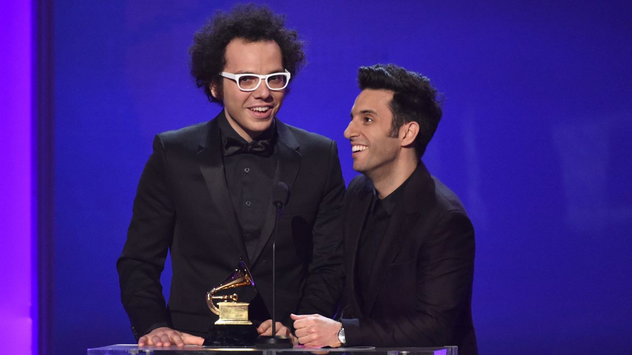 Ian Axel, left, and Chad Vaccarino of A Great Big World accept the Grammy for Best Pop Duo/Group Performance. They won the award for their song "Say Something," featuring Christina Aguilera.