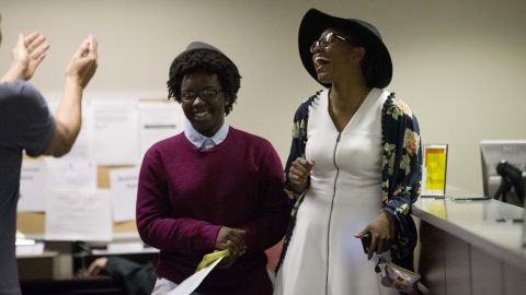 Shante Wolfe, left, and Tori Sisson become the first same-sex couple to file their marriage license in Montgomery, Alabama, on February 9, 2015. However, seven months after the U.S. Supreme Court ruling legalizing such nuptials nationwide, Alabama <a href=