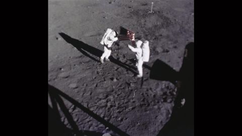 Astronauts Neil Armstrong and Buzz Aldrin would later relocate the camera so it can film them during moon walks -- this shot captured them placing the U.S. flag on the lunar surface.