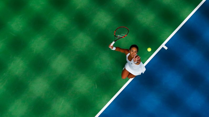 Heather Watson of Great Britain serves to Cagla Buyukakcay of Turkey during a Fed Cup match in Budapest, Hungary, on Thursday, February 5.
