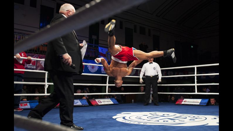 Joe Joyce of the British Lionhearts celebrates his win over Mohamed Grimes of the Algeria Desert Hawks during a World Series of Boxing event Thursday, February 5, in London. The Lionhearts defeated the Desert Hawks 4-1.