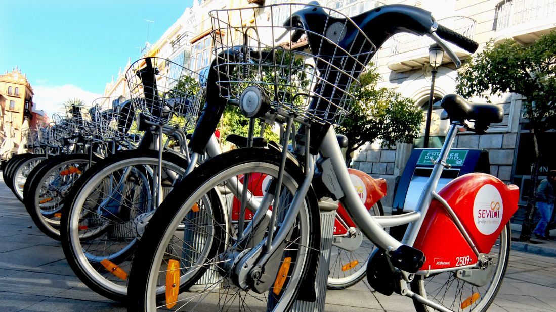 Seville Sevici bike hire plan offers 2,600 bikes from 260 docking stations around the city. Once a subscription is bought, it's free to use the bikes for half-hour periods.