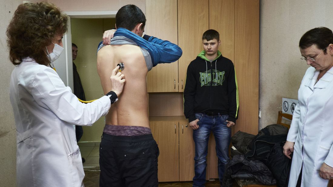 A volunteer gets a medical checkup at a military base for pro-Russian rebels February 10 in Donetsk, Ukraine.