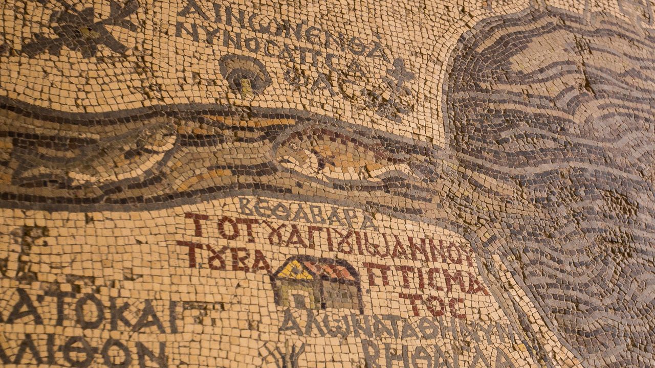 The Madaba Map, a mosaic dating back to A.D. 542,  adorns the floor of the Greek Orthodox Basilica of St. George in Madaba, Jordan. It depicts an ancient view of the Jordan River entering the Dead Sea. 