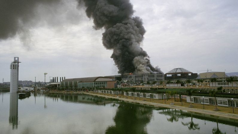 Before Expo 92 opened, a fire (here in a file photo) destroyed the event's Discoveries Pavilion. An attached Omnimax screen survived the blaze. The loss of the pavilion was a blow to the Expo, which took an "age of discovery" theme.