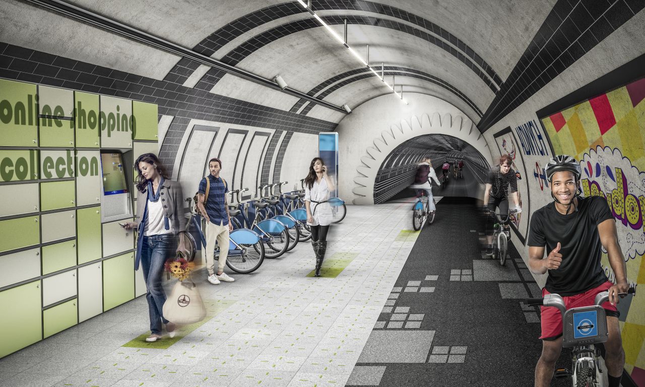 The London Underline concept from design firm Gensler seeks to transform the city's disused rail tunnels into a network of underground pathways for cyclists and pedestrians beneath the streets of the British capital.
